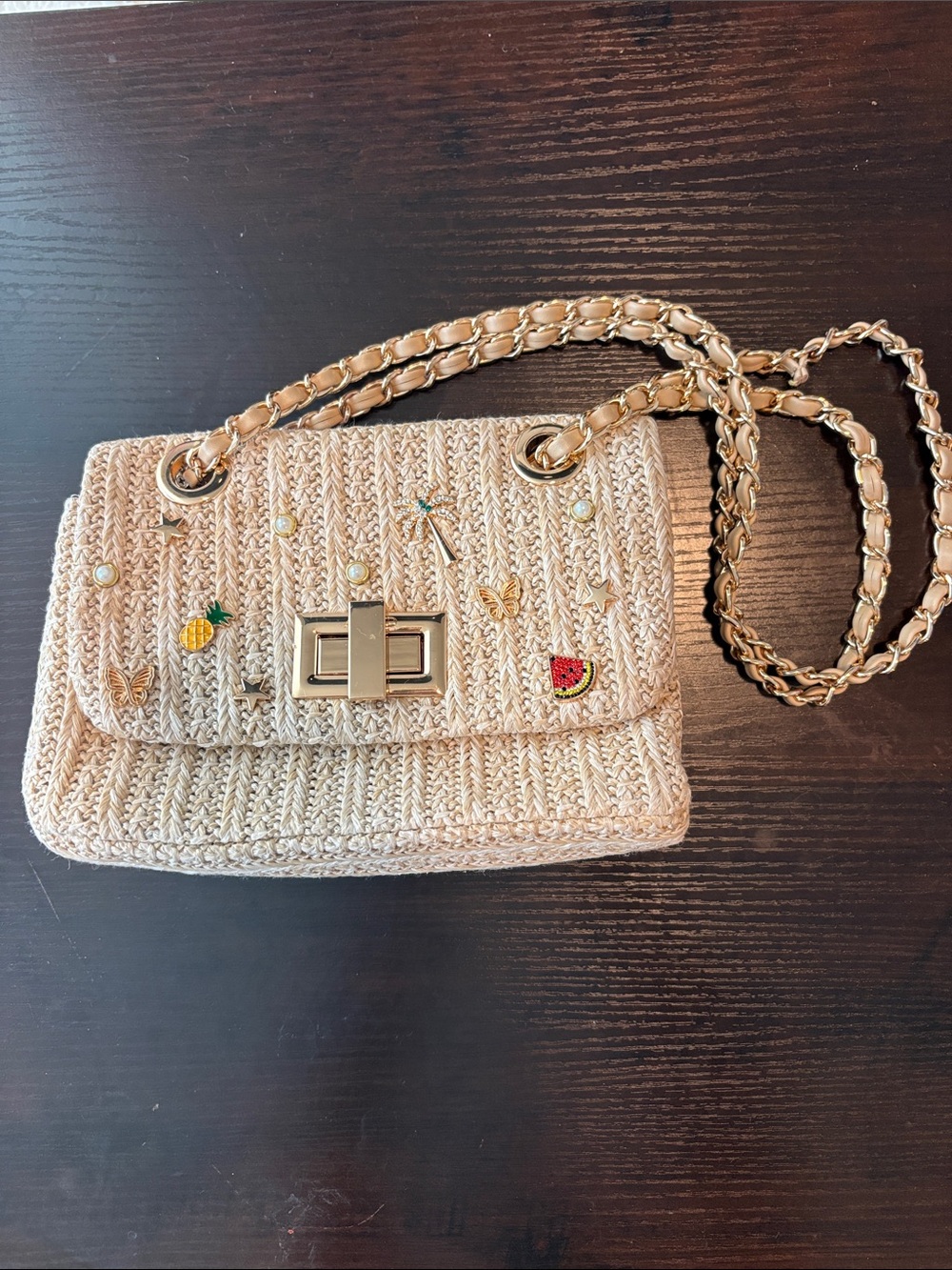 Aldo Beige Woven Crossbody with Gold Chain & Enamel Charms